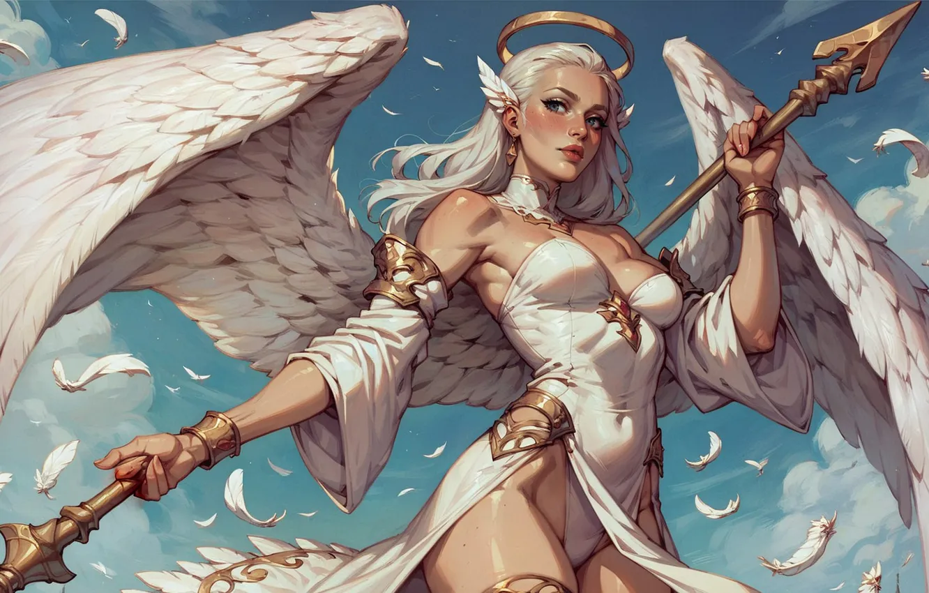 Фото обои девушка, ангел, копье, нимб