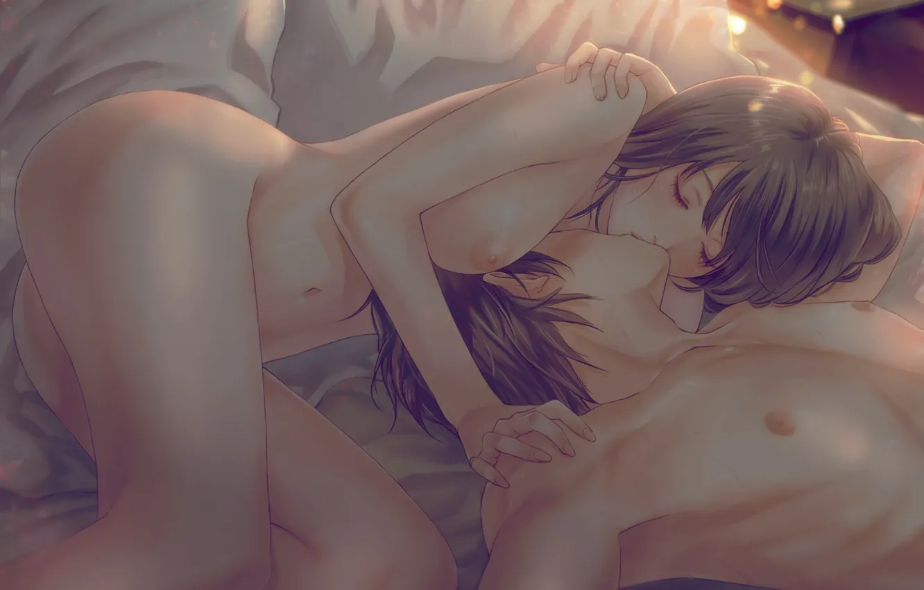 Фото обои любовь, романтика, поцелуй, двое, обнаженные, лежат на кровати, парень с девушкой, by Kinoebi