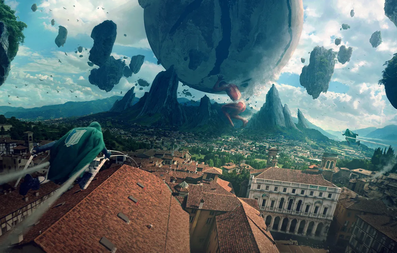 Фото обои крыша, город, человек, аниме, Shingeki no Kyojin, colossal titan, Вторжение Гигантов, attack on titan