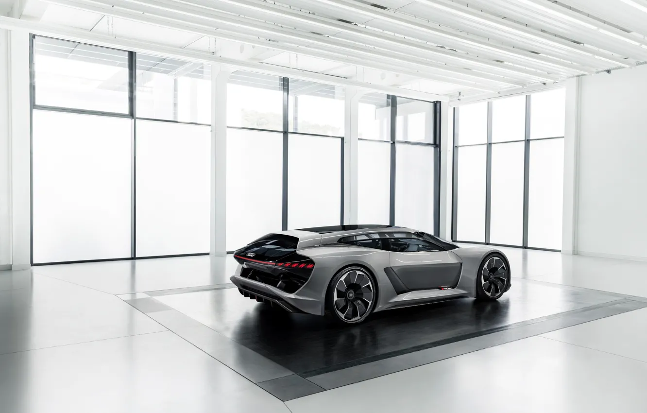 Фото обои серый, Audi, вид сбоку, помещение, 2018, PB18 e-tron Concept