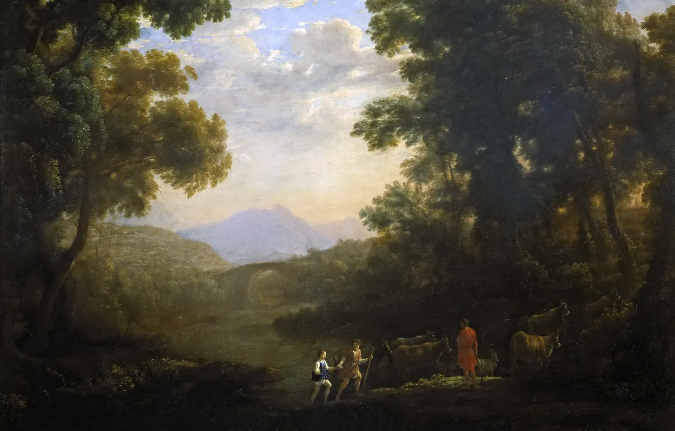 Фото обои картина, Клод Лоррен, Речной Пейзаж с Пастухами