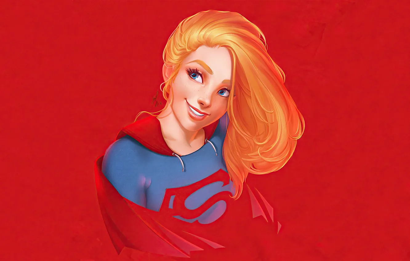 Фото обои голубые глаза, красный фон, blue eyes, фан арт, Fan art, red background, Supergirl smiling, Супердевушка …