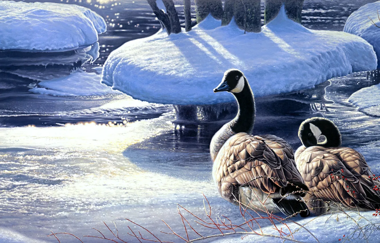 Фото обои зима, снег, река, лёд, живопись, гуси, Winter Thaw, пара гусей
