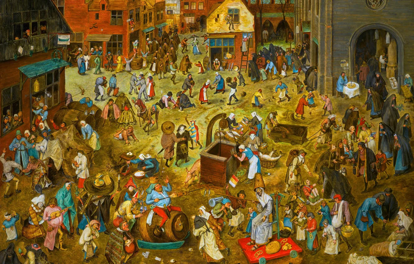 Фото обои Дома, Люди, Картина, Питер Брейгель Старший, Pieter Bruegel the Elder, Нидерландский живописец и график, Битва …
