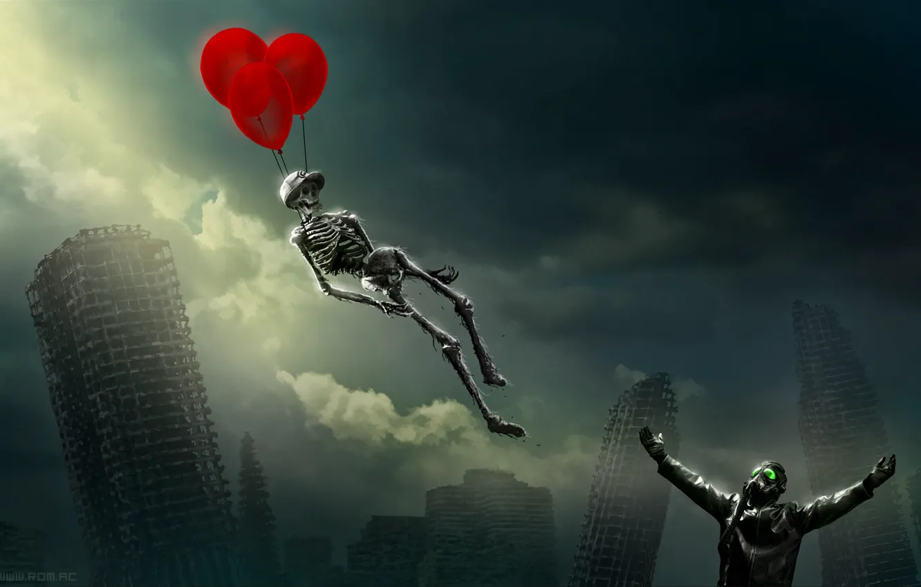 Фото обои скелет, пилот, небоскрёбы, воздушные шарики, романтика апокалипсиса, romantically apocalyptic, pilot