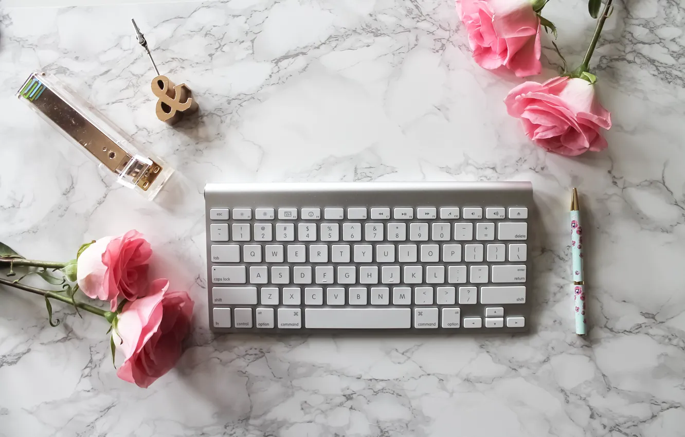 Фото обои розы, ручка, pink, flowers, roses, keyboard, marble