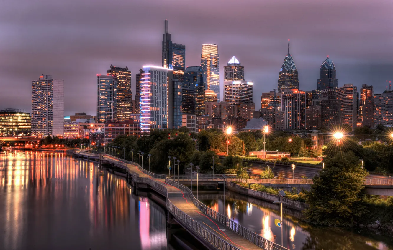 Фото обои ночь, огни, Филадельфия, Schuylkill