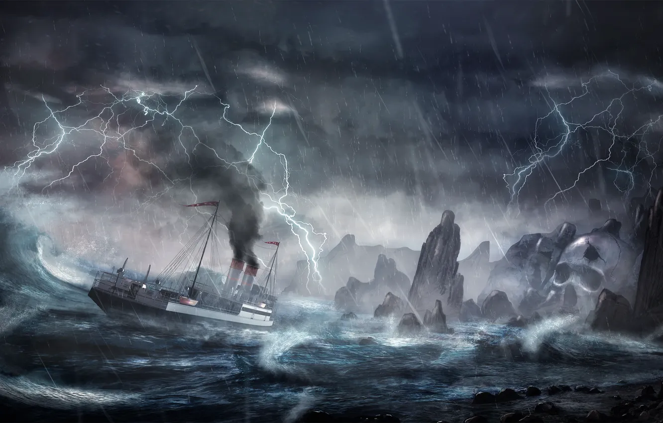 Фото обои волны, шторм, скалы, молния, корабль, остров, буря, катастрофа