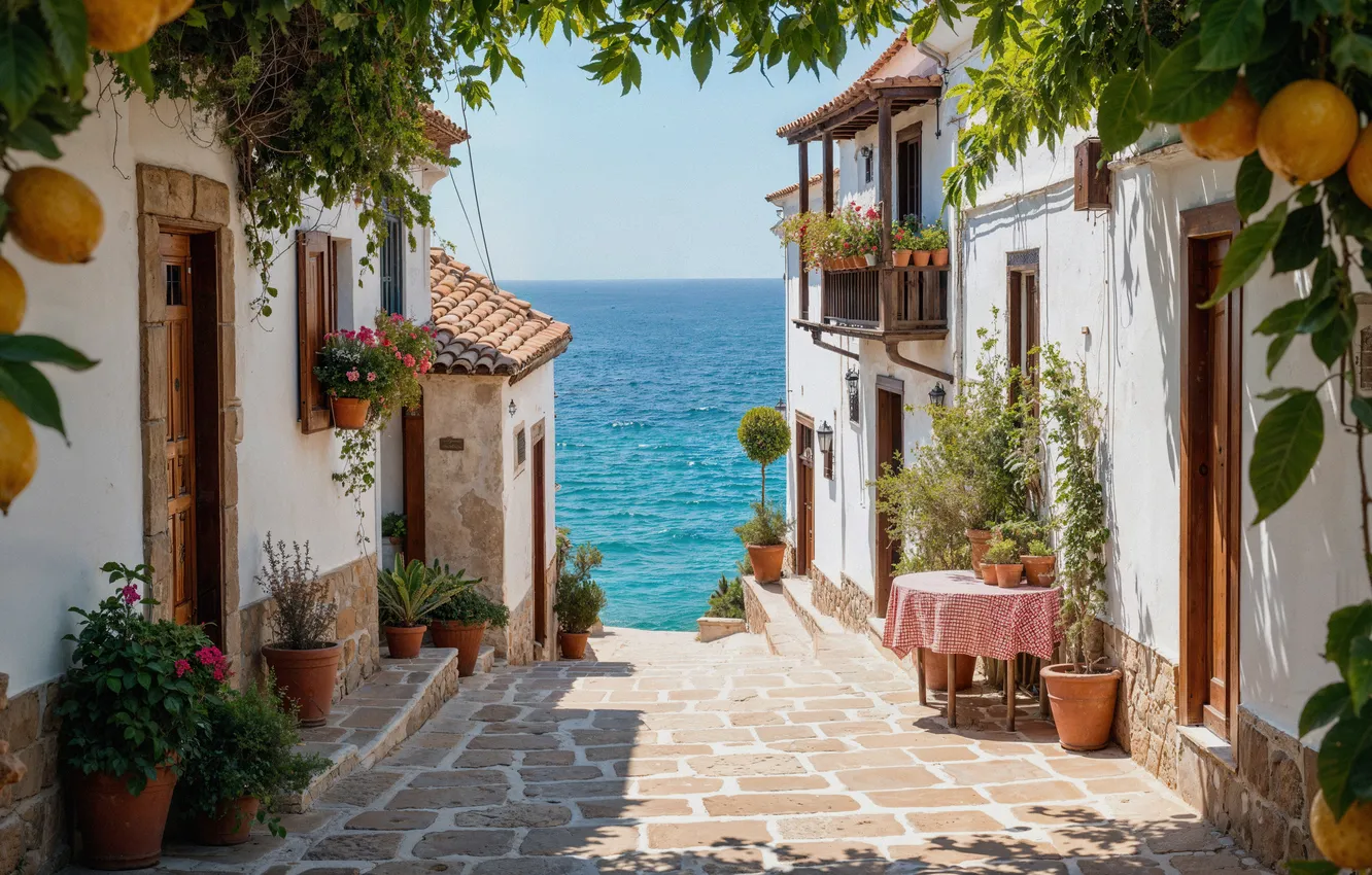 Фото обои море, солнце, дома, summer, house, sunshine, каникулы, цветение