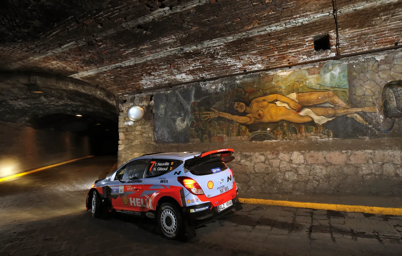 Фото обои Тоннель, Hyundai, Mexico, WRC, Rally, i20, Neuville
