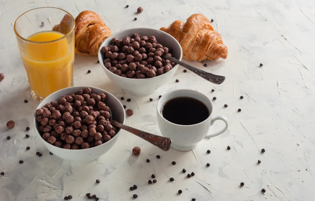 Фото обои еда, завтрак, сок, мед, круассан, шоколадные шарики