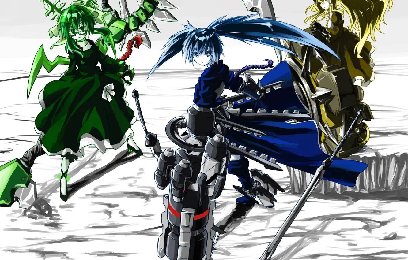 Фото обои оружие, девушки, меч, аниме, корона, арт, очки, коса