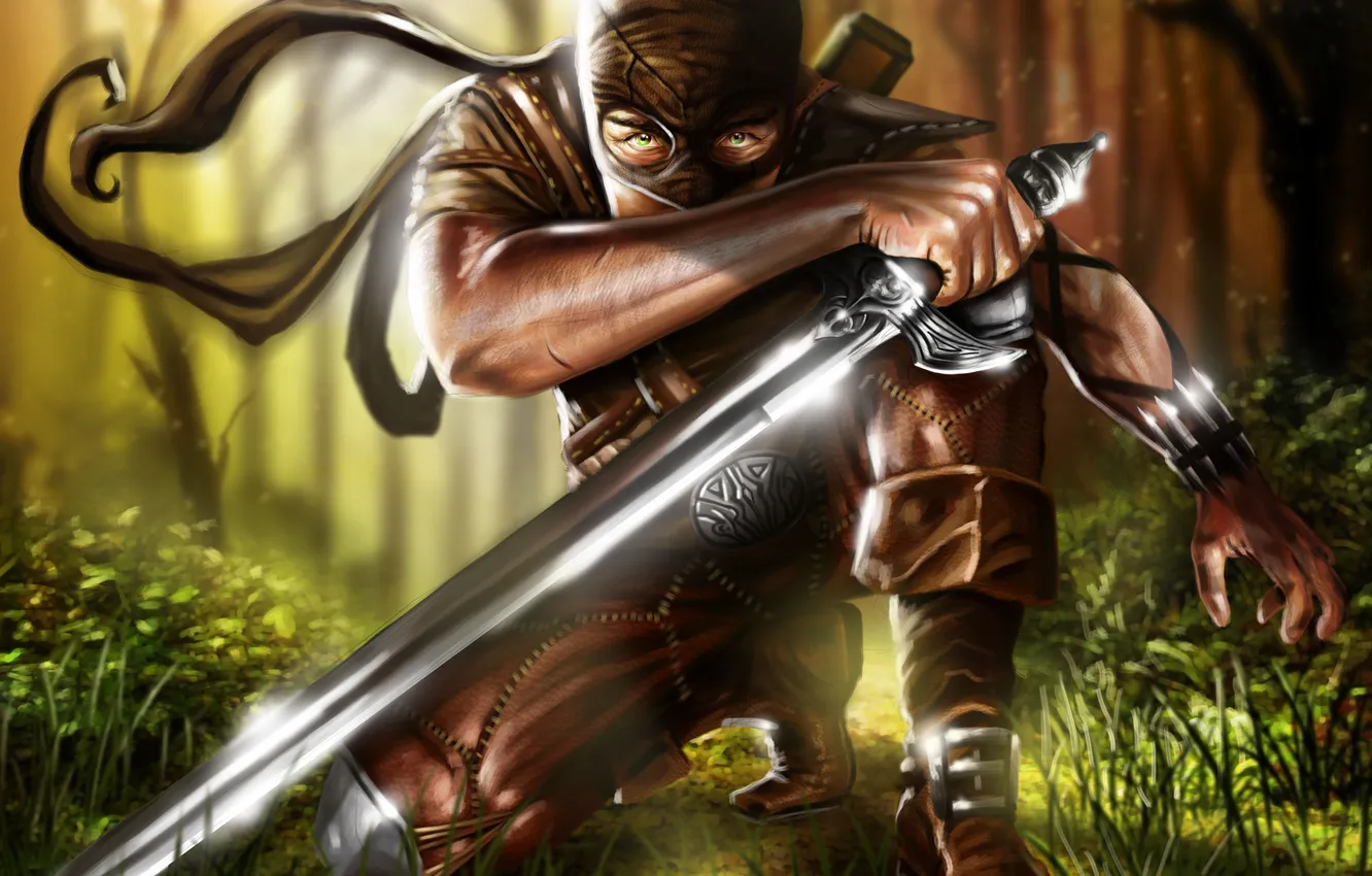 Фото обои лес, оружие, меч, маска, арт, мужчина, отблеск, клинок