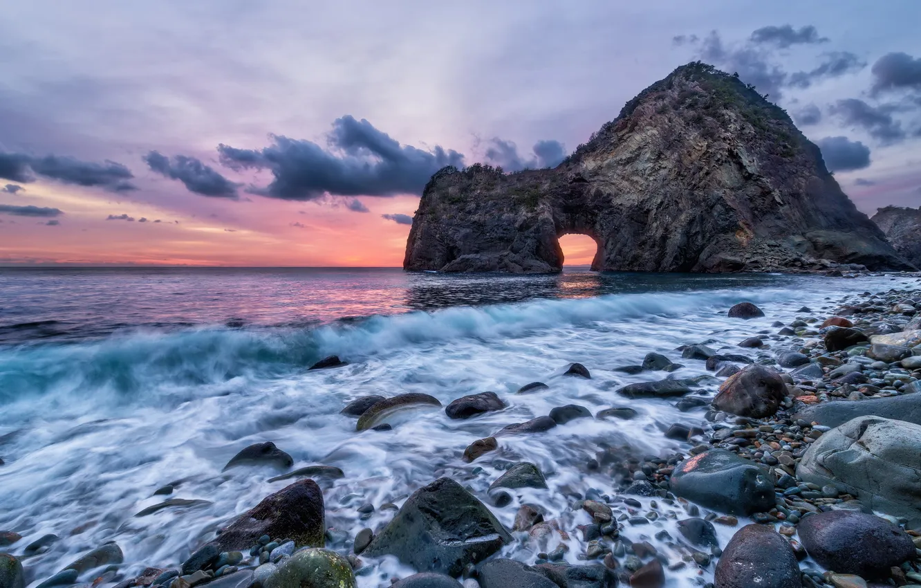 Фото обои море, пейзаж, закат, скала