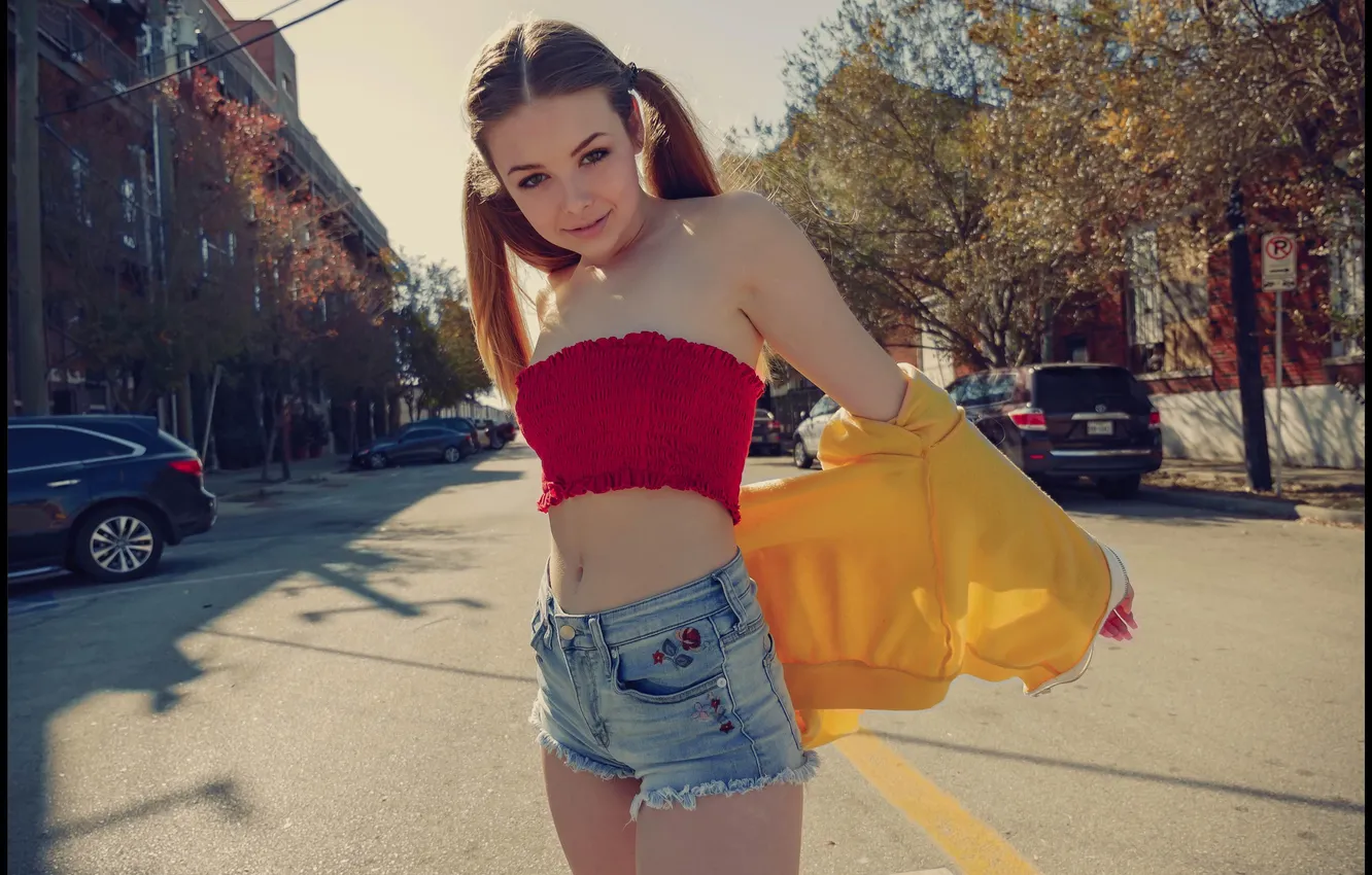 Фото обои girl, shorts, pretty, cute, long-haired, tank top, ponytails