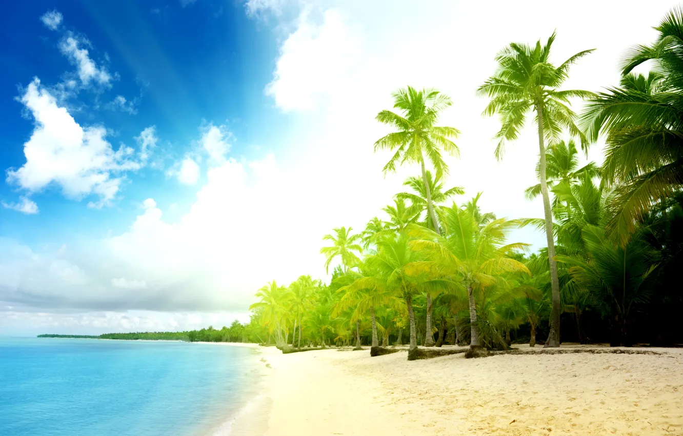 Фото обои песок, море, волны, пляж, лето, небо, вода, солнце