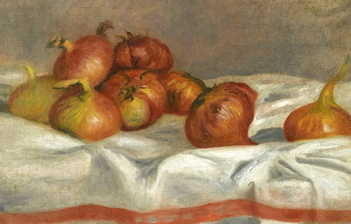 Фото обои еда, картина, овощи, 1912, Пьер Огюст Ренуар, Pierre Auguste Renoir, Натюрморт с Луком и Помидорами