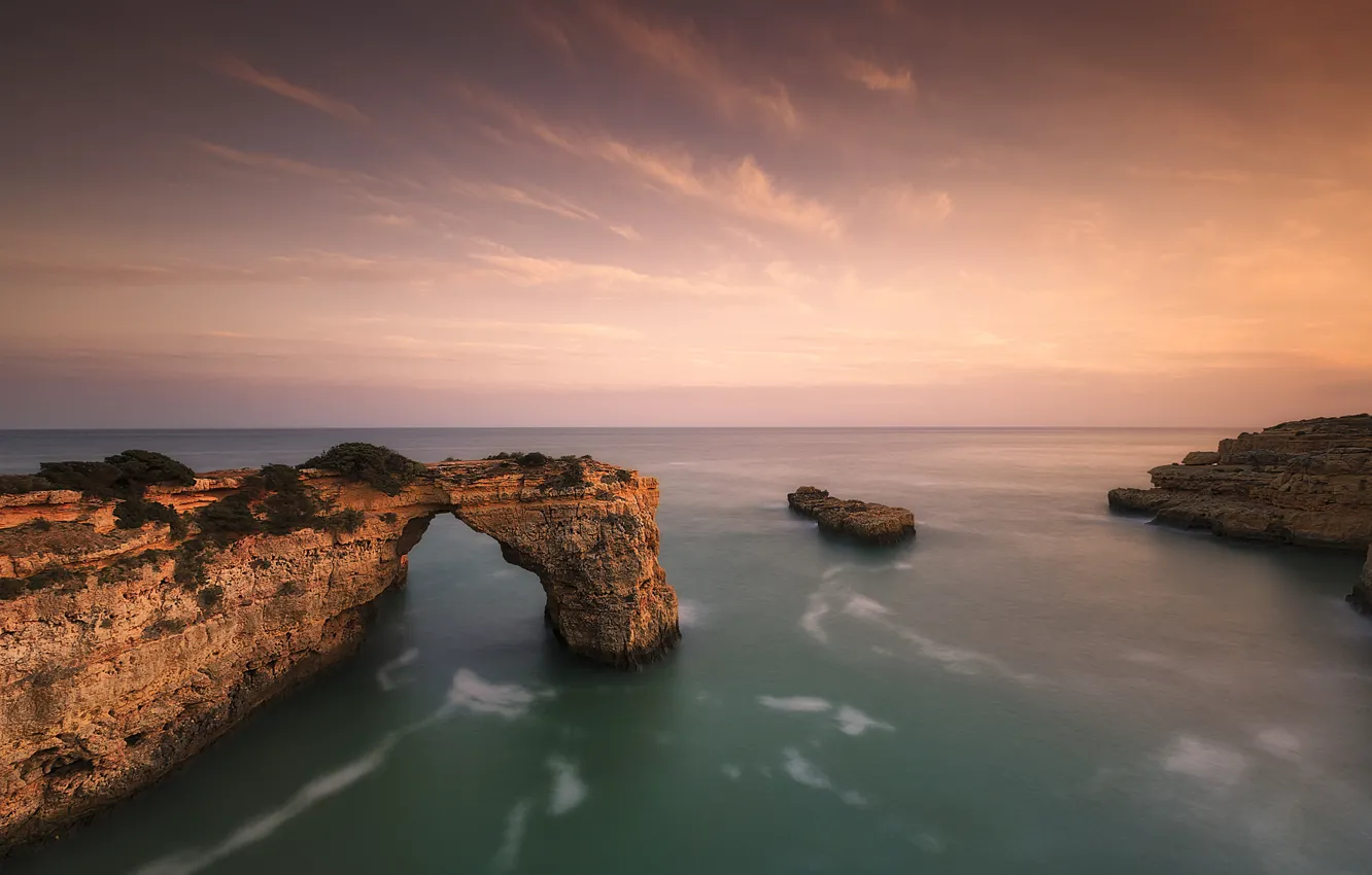 Фото обои море, пляж, закат, арка, Португалия