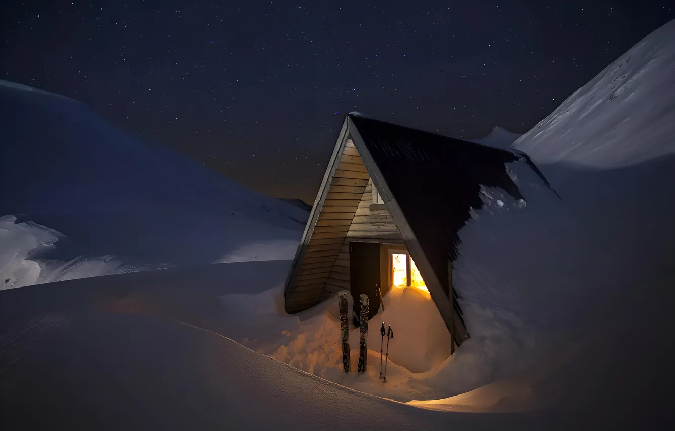 Фото обои Вечер, Горы, Снег, Домик, House, Snow, Evening, Mountains
