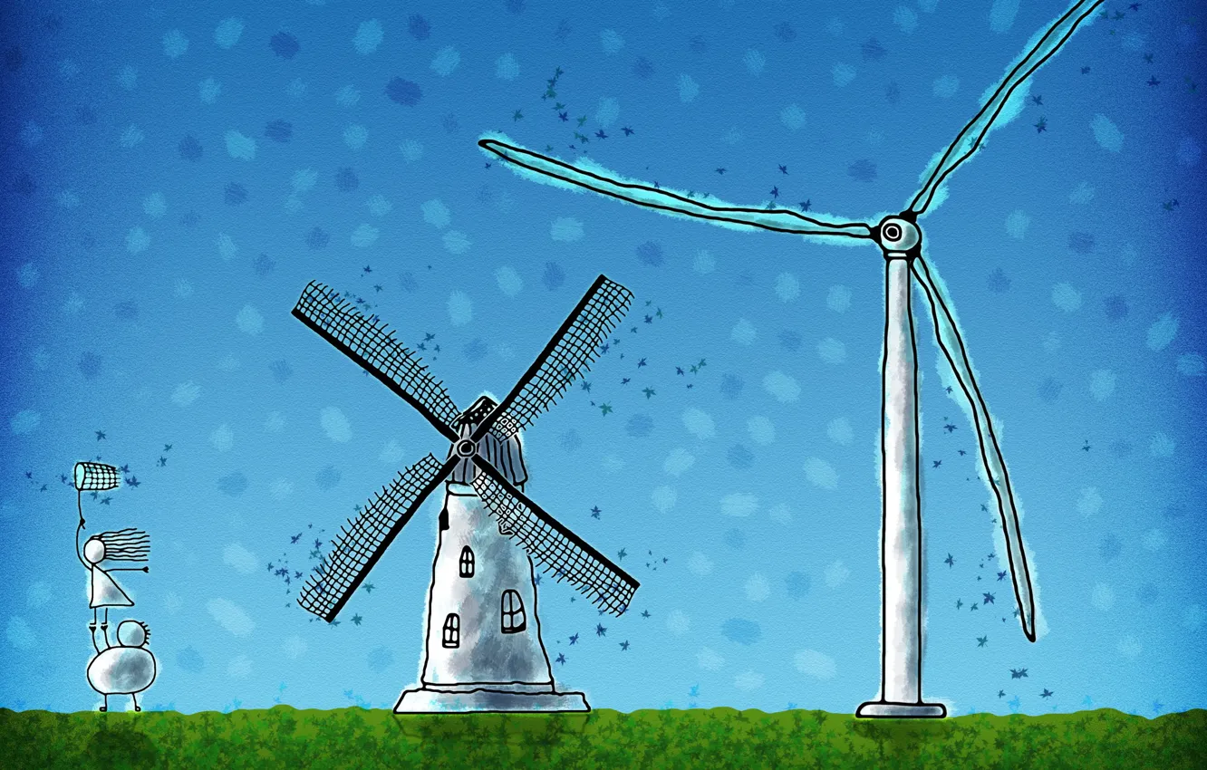 Фото обои ветер, человечки, ветряк, 154, мельница, сачок