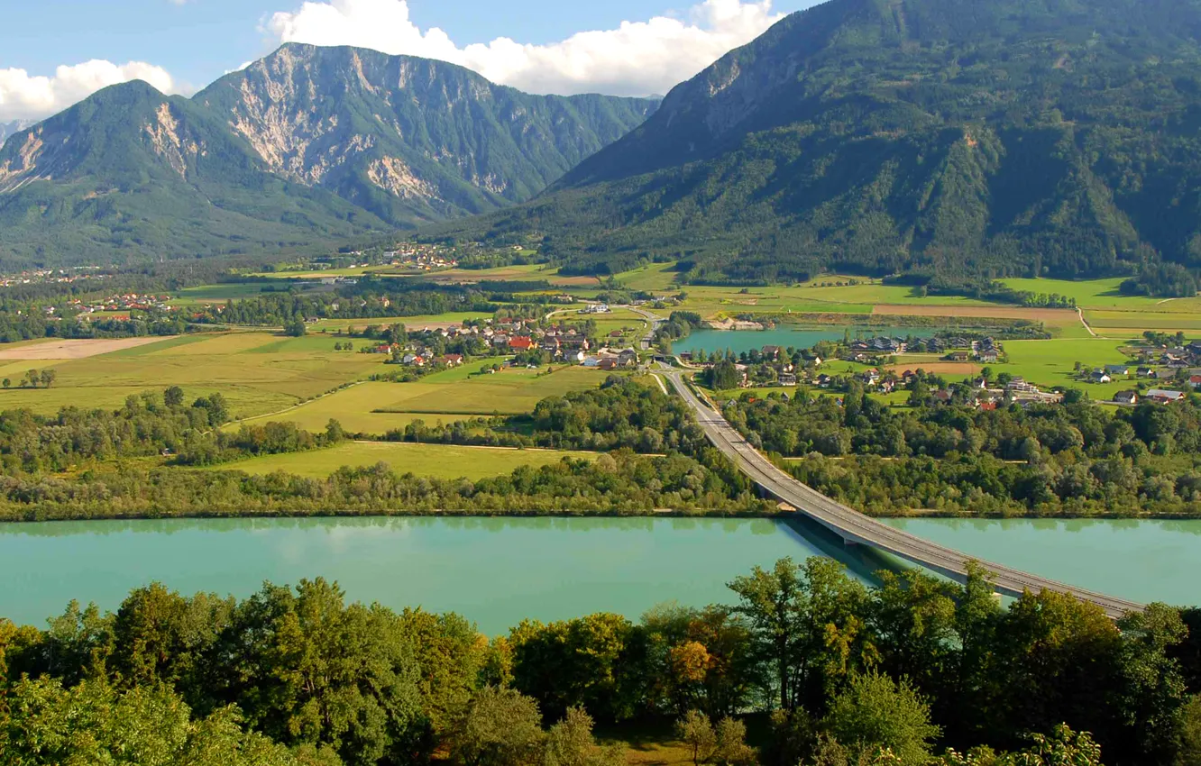 Фото обои дорога, деревья, горы, мост, река, поля, Австрия, домики