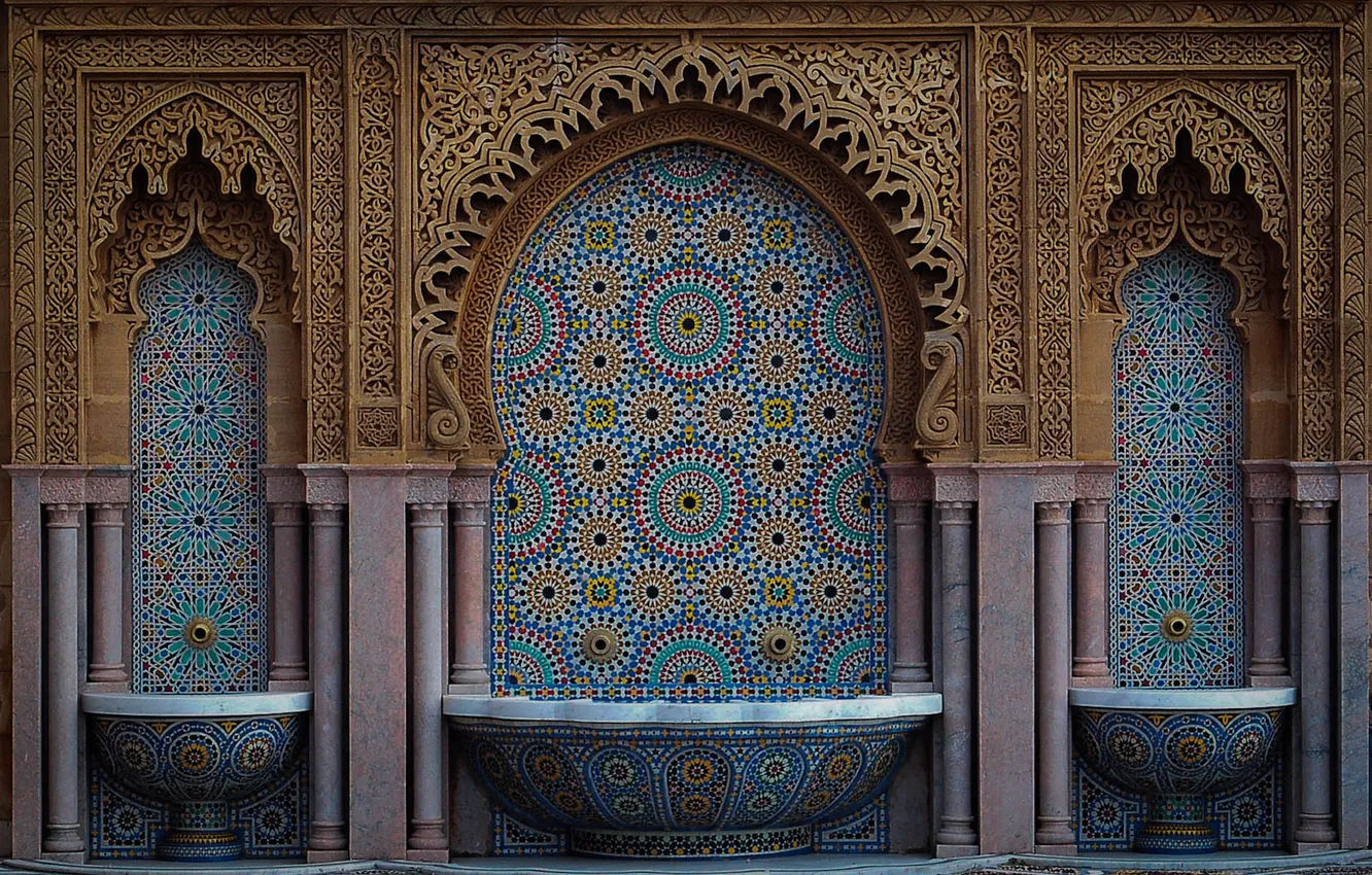 Фото обои мозаика, узор, фонтан, арки, архитектура, резьба, Марокко, Casablanca
