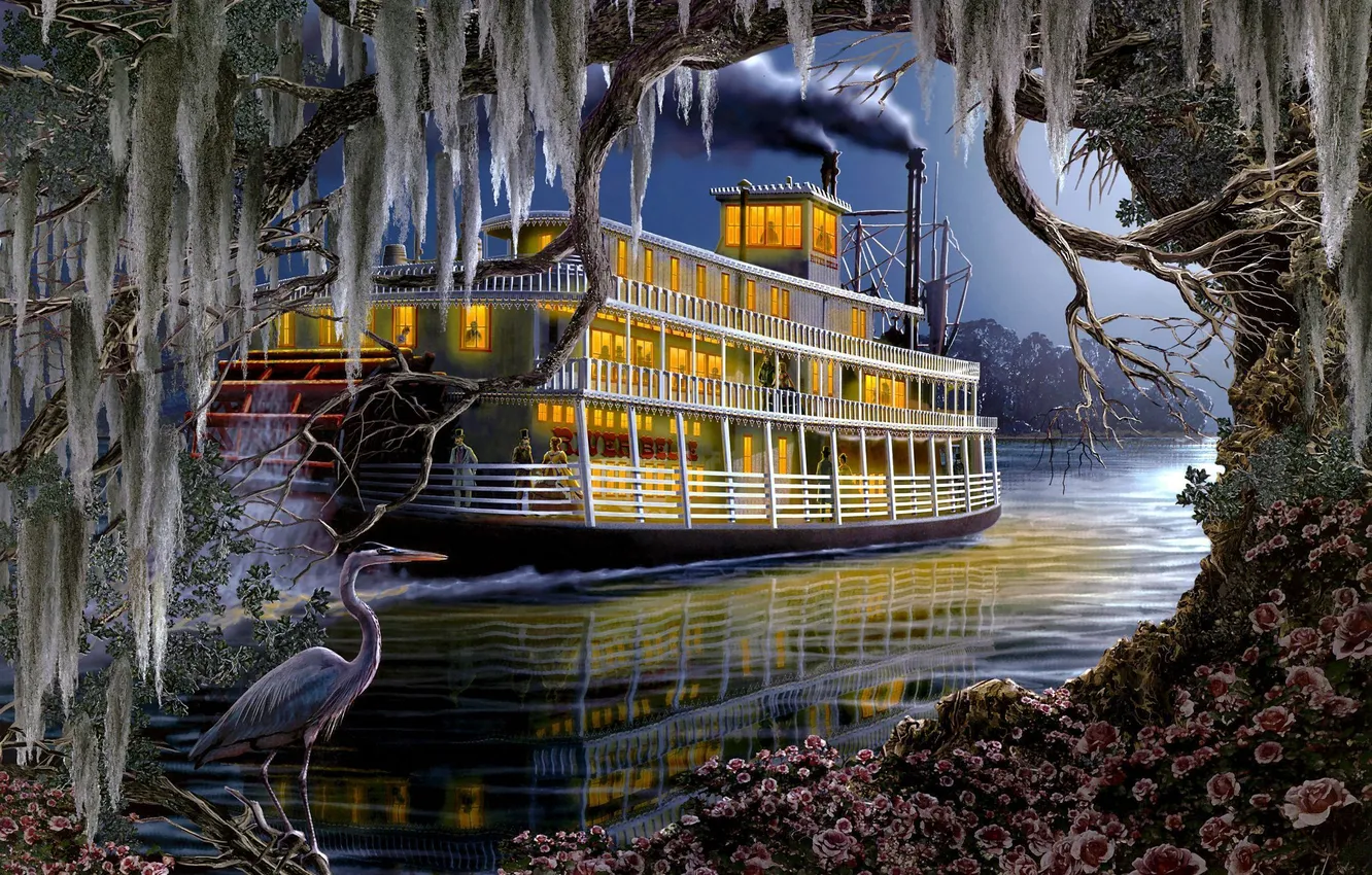 Фото обои река, арт, пароход, цапля, Roberta Wesley, Night on the River