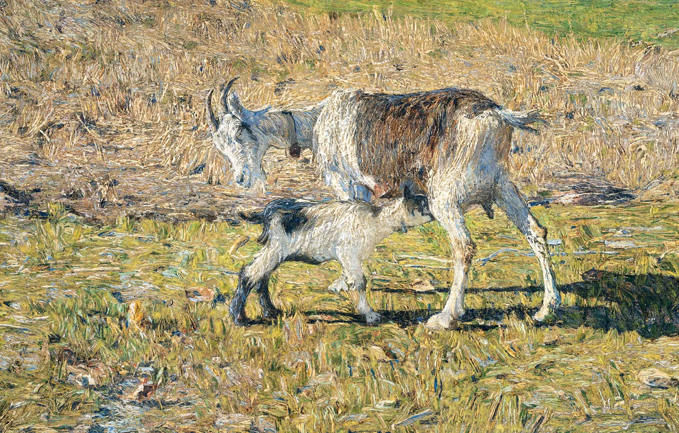 Фото обои животные, масло, картина, холст, 1890, Giovanni Segantini, Джованни Сегантини, Коза с козлёнком