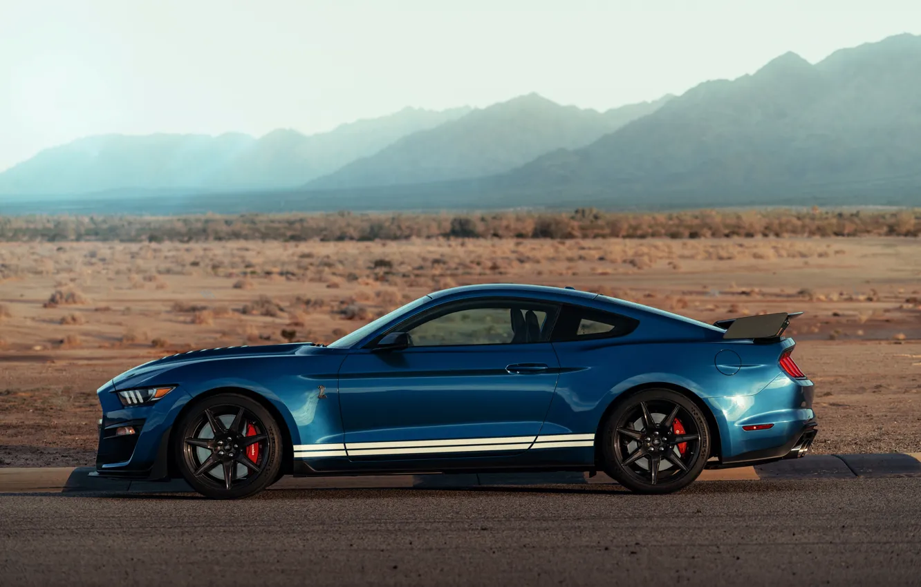 Фото обои синий, Mustang, Ford, Shelby, GT500, вид сбоку, 2019