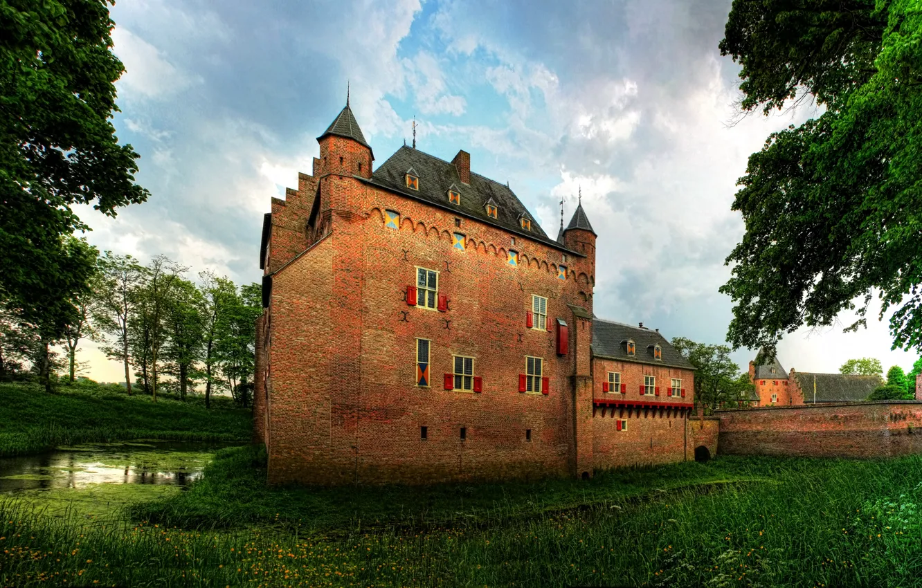 Фото обои трава, деревья, замок, стены, Нидерланды, ров, Doorwerth castle