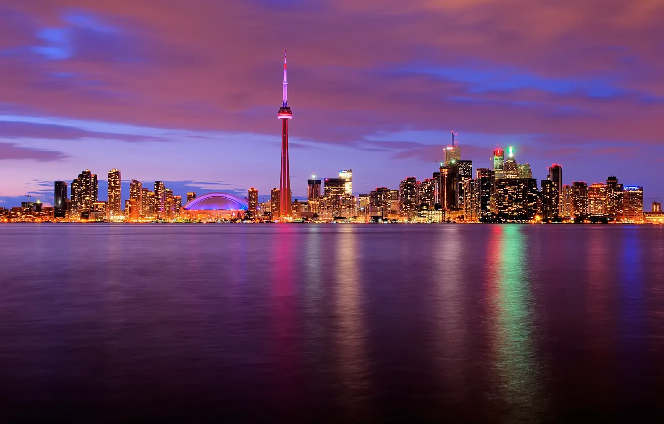 Фото обои вода, ночь, огни, башня, Канада, Торонто