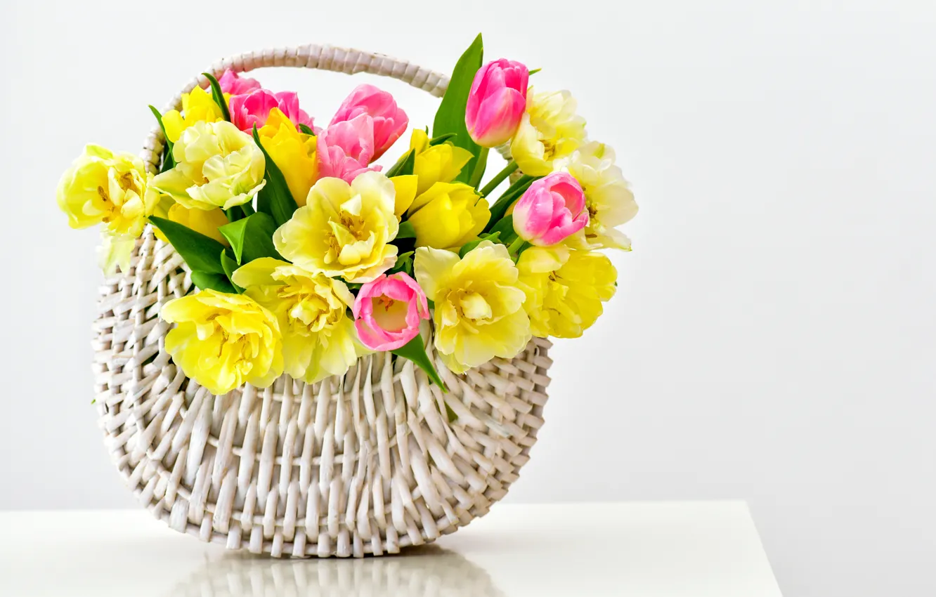 Фото обои корзина, тюльпаны, flowers, tulips, bouquet, basket