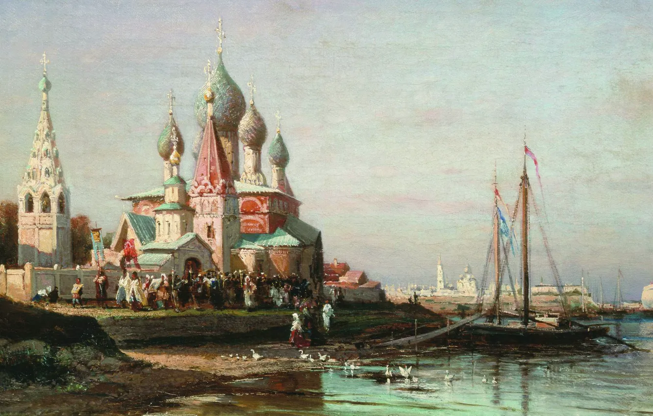Фото обои масло, Холст, 1863, Крестный ход в Ярославле, Алексей БОГОЛЮБОВ, (1824-1896)