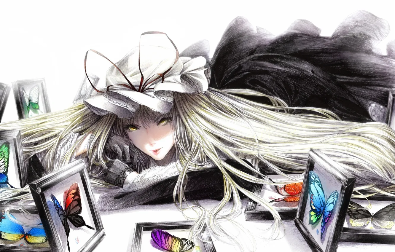 Фото обои девушка, бабочки, рисунок, арт, touhou, рамки, yakumo yukari, sawasawa