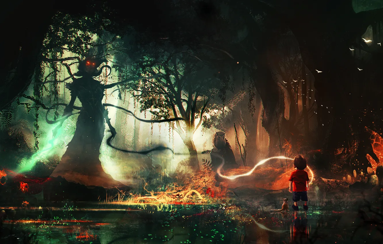 Фото обои лес, волшебство, мальчик, чудовище