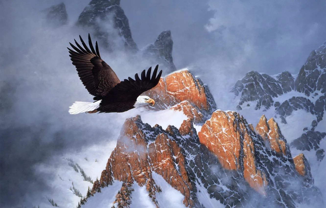Фото обои зима, облака, снег, горы, полёт, орёл, живопись, Derk Hansen