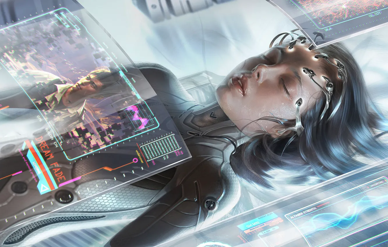 Фото обои девушка, киберпанк, cyberpunk, закрытые глаза, sci fi