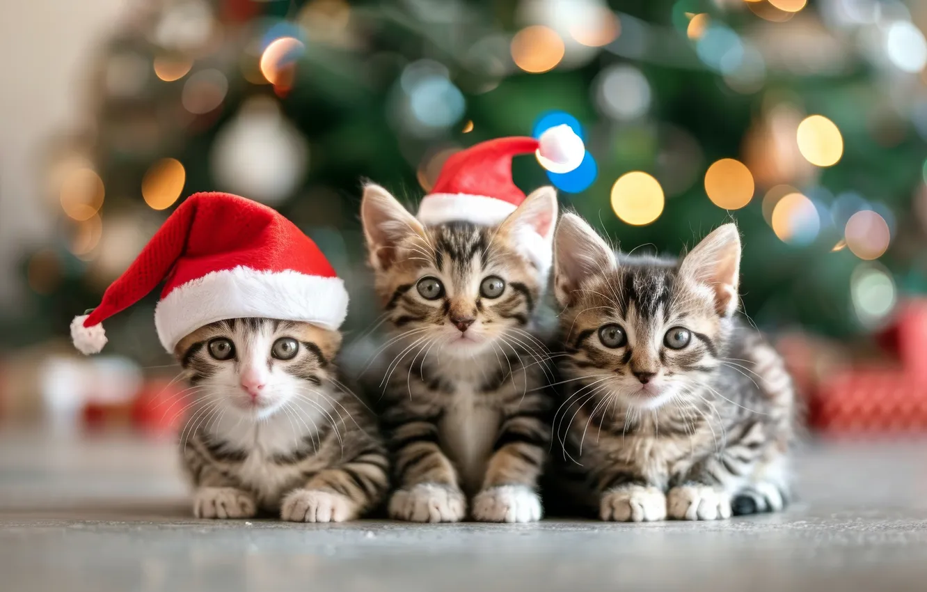 Фото обои взгляд, кошки, огни, поза, котенок, Рождество, котята, Новый год