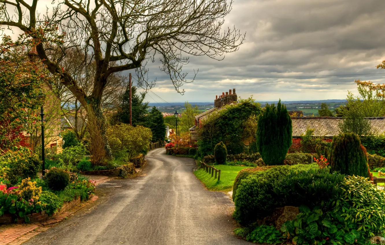 Фото обои Nature, Clouds, Sky, Landscapes, England, Road, Trees, Town