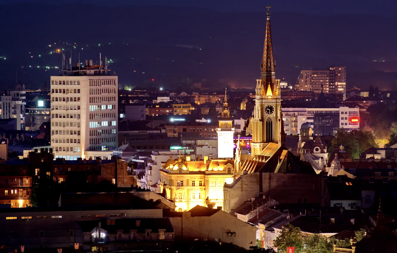 Фото обои ночь, город, огни, дома, Сербия, Novi Sad