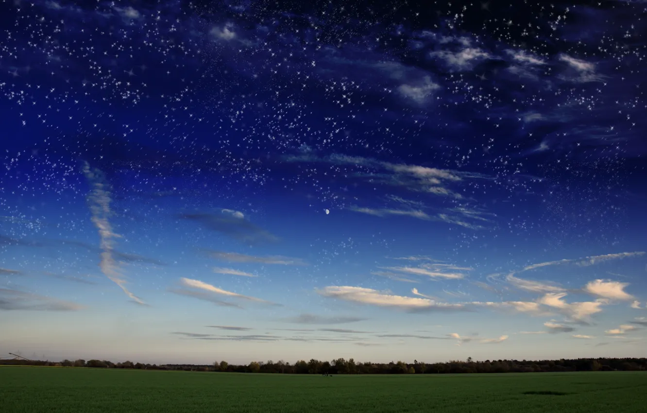 Фото обои поле, небо, трава, звезды, облака, луна, вечер