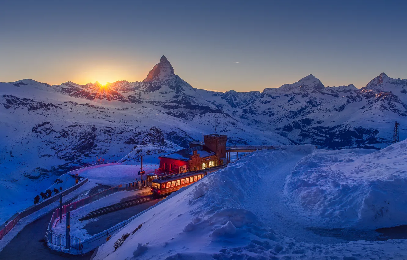Фото обои зима, небо, солнце, закат, горы, Швейцария, Альпы, курорт