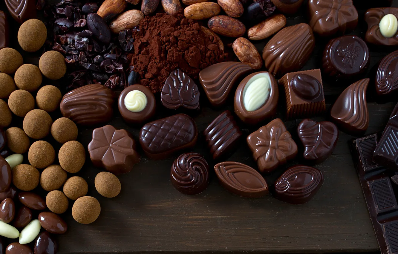 Фото обои шоколад, конфеты, сладости, орехи, какао, ассорти