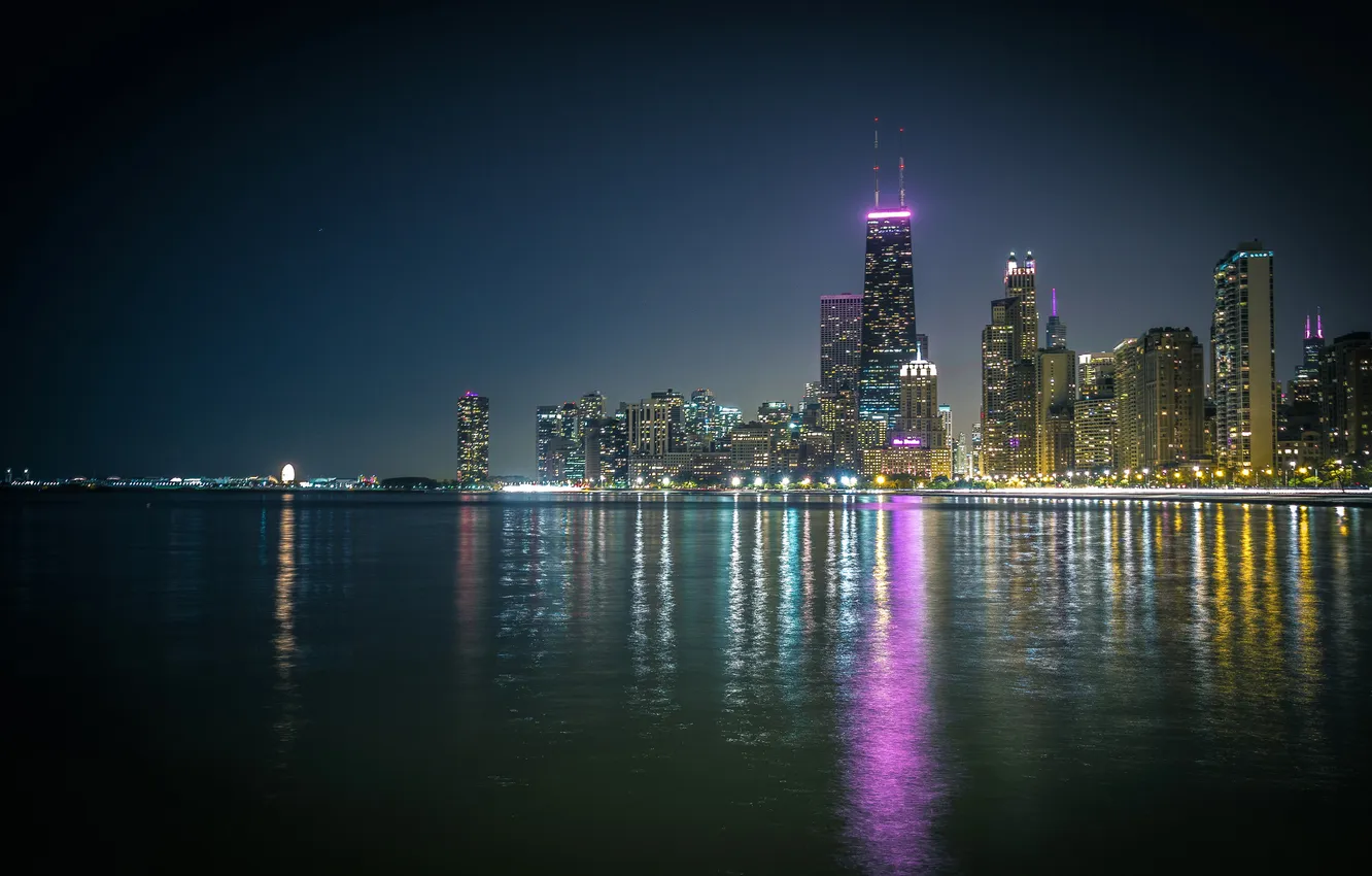 Фото обои ночь, океан, небоскребы, Чикаго, США, Иллиноис, панорамма, отрважение