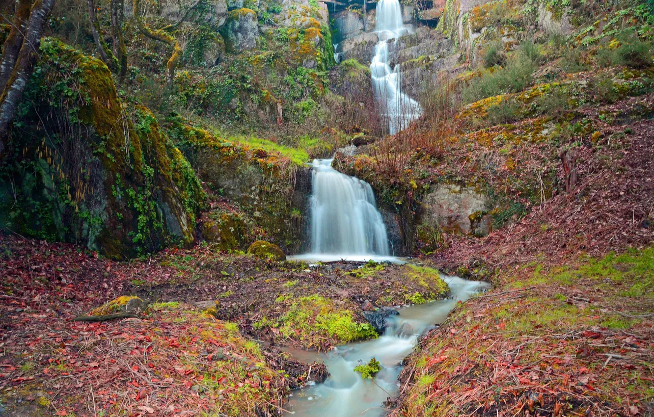 Фото обои осень, горы, река, водопад