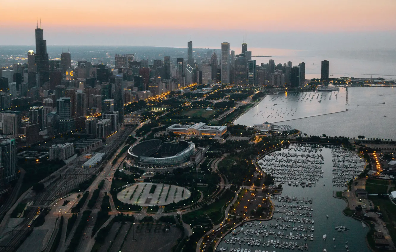 Фото обои город, небоскребы, вечер, Чикаго, Мичиган, usa, chicago, Иллиноис