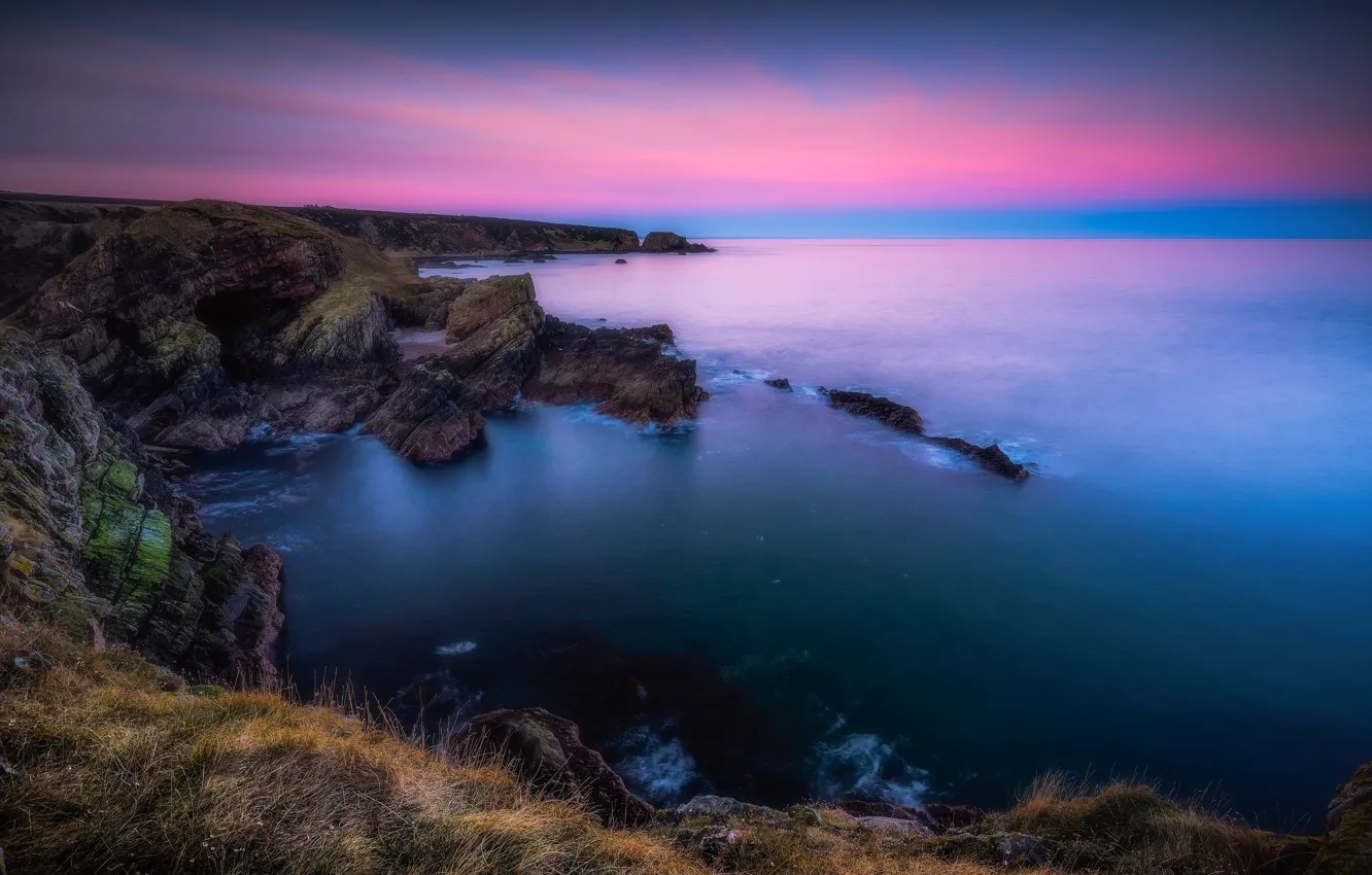 Фото обои море, скалы, рассвет, побережье, Шотландия, пещера, Scotland, Morayshire