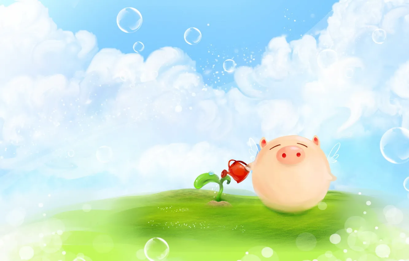 Фото обои облака, пузыри, рисунок, растение, росток, крылья, позитив, луг