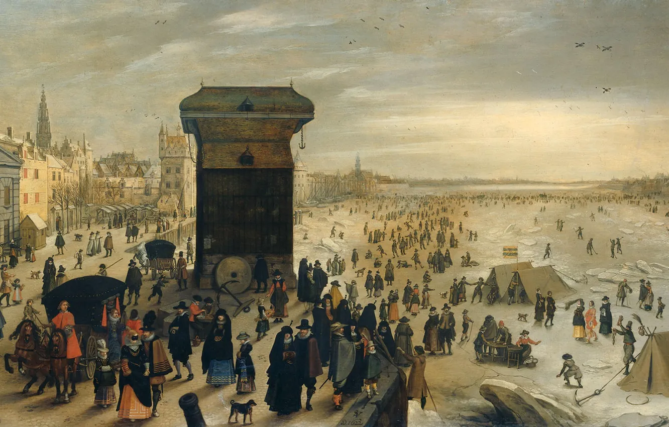 Фото обои масло, картина, Себастьян Вранкс, 1622, Sebastiaan Vrancx, Замёрзшая река Шельда в Антверпене