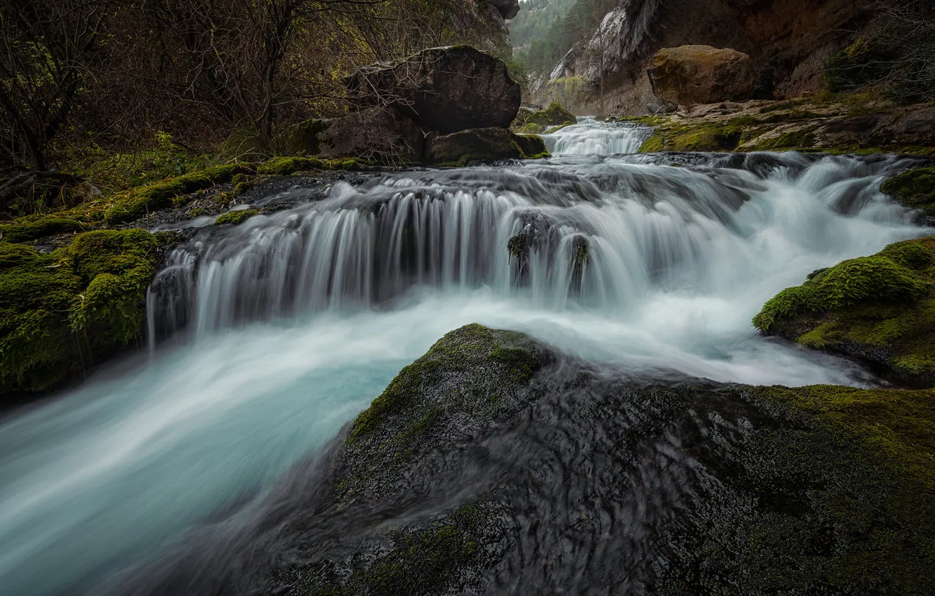 Фото обои горы, река, камни, скалы, течение, водопад, поток, берега